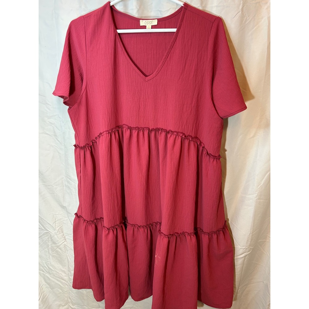 ODDI Womens Tiered Babydoll Dress Berry Pink V-Neck Short Sleeve‎ Size L